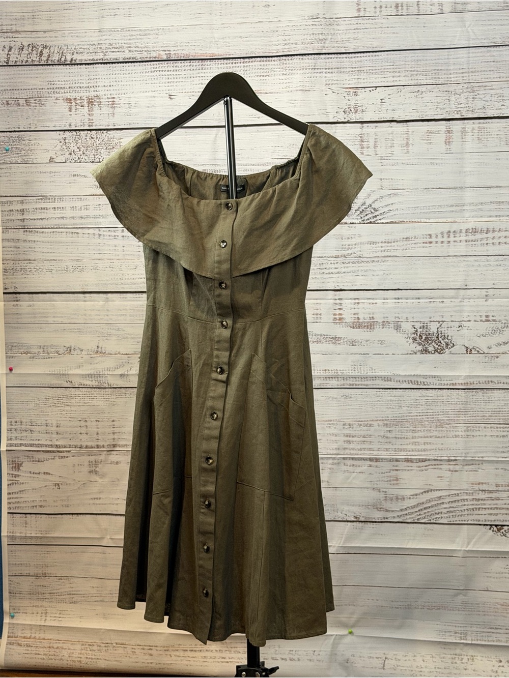 Saks Fifth Avenue Olive Off-Shoulder Button-Front Dress